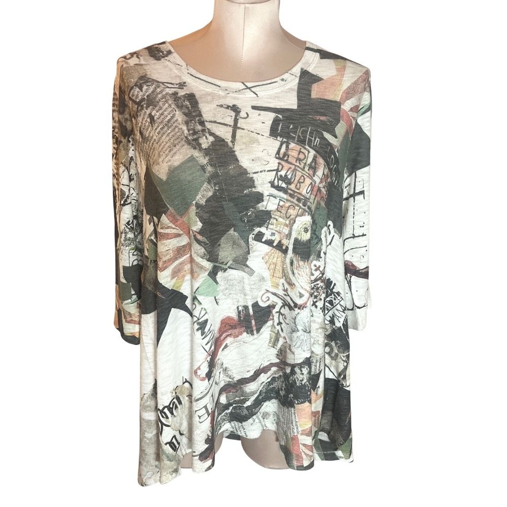 INoah Womens Artsy Bird Graphic‎ Collage Tunic Top 3/4 Sleeve Relaxed M Spring